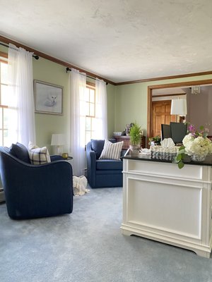 Home Office Refresh - When our client was sent to WFH in 2020 (thanks COVID) the home office was thrown together in a pinch. While it functioned fine, it wasn’t as aesthetically pleasing as the rest of the home. With minor changes came major impact! Replacing the sofa with two swivel chairs creating a casual lounge space to enjoy a morning coffee, break for lunch or host our client’s young grandsons while she works. Sheer curtains heightened the ceiling and brightened the room. Home Office Refresh - When our client was sent to WFH in 2020 (thanks COVID) the home office was thrown together in a pinch. While it functioned fine, it wasn’t as aesthetically pleasing as the rest of the home. With minor changes came major impact! Replacing the sofa with two swivel chairs creating a casual lounge space to enjoy a morning coffee, break for lunch or host our client’s young grandsons while she works. Sheer curtains heightened the ceiling and brightened the room.
