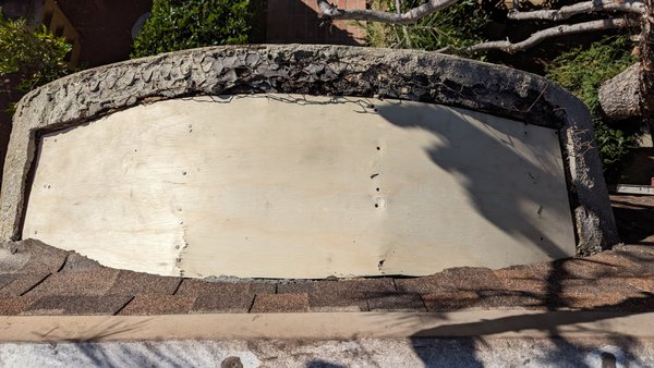 Entryway Arch Damage - The client had a tree fall and damaged the entryway to his home. All the damaged section was demoed and eventually repaired as illustrated in the images until a matching texture and paint was applied.