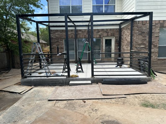 Back porch April 2023 - The back porch we did a couple weeks ago. The customer needed a structure that could be a multi purpose use. The handrails and gate were installed to keep the dogs on/off the porch as they were out enjoying the spring weather grilling and enjoying time with the family. Back porch April 2023 - The back porch we did a couple weeks ago. The customer needed a structure that could be a multi purpose use. The handrails and gate were installed to keep the dogs on/off the porch as they were out enjoying the spring weather grilling and enjoying time with the family.