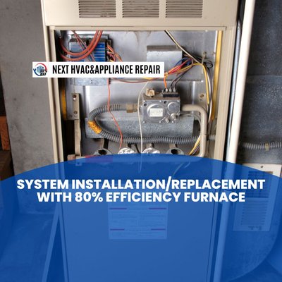 System installation/replacement with 80% efficiency furnace - Performed job:
• Old system dismounting, haul away and recycling
• New furnace installation according to the building standards
• New supply plenum installation
• New Gas P-Trap and flex pipe installation
• Supply plenum insulation 
• 3 Years Standard Warranty for labor

Service is provided by qualified EPA certified specialists and Factory authorized installers.