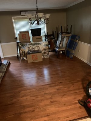 Wrapping and protecting furniture. Then staged for move next day. - Wrapped and staged living and dining rooms Wrapping and protecting furniture. Then staged for move next day. - Wrapped and staged living and dining rooms