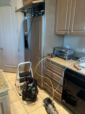 GE Monogram Biult-in Repair - We received a call, stating our clients have family and friends that came over to the desert for a weekend and found the Ge monogram refrigerator to not be cooling. We came out and diagnosed the unit the same day, we found there was not enough Freon (cooling agent) in the sealed system and the unit was struggling to cool down to the proper temps of 38 & 0.
We repaired the unit on site, testing if there are any leaks with a shot of 300-500 psi of nitrogen. Unit passed and was refilled with the proper amount of Freon and within 4 hours unit was cooling to the designated temperatures of 0 & 38 GE Monogram Biult-in Repair - We received a call, stating our clients have family and friends that came over to the desert for a weekend and found the Ge monogram refrigerator to not be cooling. We came out and diagnosed the unit the same day, we found there was not enough Freon (cooling agent) in the sealed system and the unit was struggling to cool down to the proper temps of 38 & 0.
We repaired the unit on site, testing if there are any leaks with a shot of 300-500 psi of nitrogen. Unit passed and was refilled with the proper amount of Freon and within 4 hours unit was cooling to the designated temperatures of 0 & 38