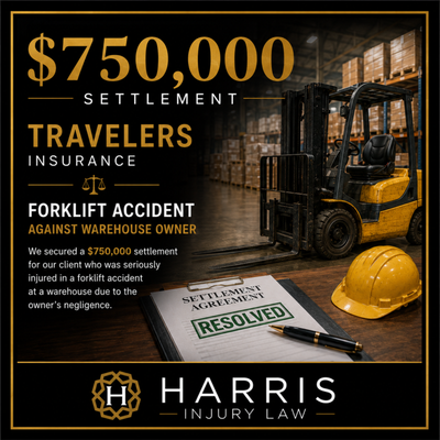 Litigation Settlement – Travelers – $750,000 - Litigation Settlement – Travelers – $750,000 

Harris Injury Law secured a $750,000 litigation settlement after filing suit involving a serious forklift accident against a warehouse owner.

During discovery, our firm uncovered substantial evidence relating to unsafe warehouse conditions, operational failures, and liability issues surrounding the incident. The case ultimately resolved during mediation after aggressive litigation and case preparation.

Warehouse and industrial accidents often involve complicated safety regulations, corporate liability issues, and severe injuries that can permanently impact victims and their families.

If you have been injured in a workplace or warehouse-related accident, contact Harris Injury Law for a free consultation.

📍 Harris Injury Law
🌐 callharris.com