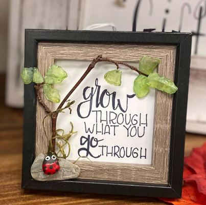 Lots Of New Rock Art At The Shop This Week!!!! - Inspirational, one of a kind rock art pieces made in picture frames. All pieces are earth friendly as they are made with sticks, rocks, shells and anything that can be found outside. Clocks, kids kits, and tic-tac-toe games are available.