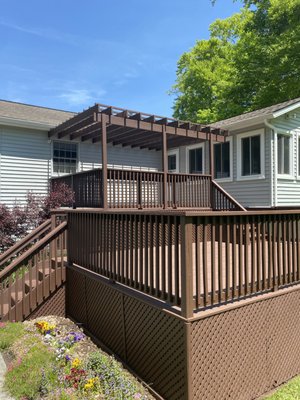 Deck Staining - This deck was neglected and way overdue for power washing, sanding, and staining. There is a reason we are called New Look. This customer chose to do a complete traditional mahogany stain to revive and protect their deck. It is now looking brand new and ready for use. Deck Staining - This deck was neglected and way overdue for power washing, sanding, and staining. There is a reason we are called New Look. This customer chose to do a complete traditional mahogany stain to revive and protect their deck. It is now looking brand new and ready for use.