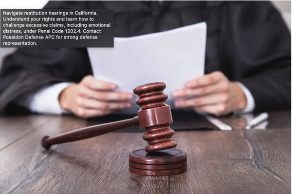 Understanding Restitution Hearings in California - After a criminal conviction in California, victims often seek restitution – court-ordered compensation for financial and emotional losses. At Poseidon Defense APC, we understand the complexities of restitution hearings. This blog post demystifies the process, focusing on how to effectively pursue restitution, particularly concerning emotional distress claims under California Penal Code 1202.4(f)(2).
What is Restitution in California Criminal Cases?
Restitution aims to "make victims whole" by requiring defendants to pay for losses stemming from their crimes. These losses encompass:
Medical expenses
Property damage
Lost wages
Counseling costs
Emotional distress
The California Restitution Hearing Process:
Victim's Claim: Victims must meticulously document their losses with receipts, medical bills, wage statements, and therapy records.
Defendant's Response: The defendant can challenge the claim, disputing the amount or causality of the losses.
Court Determination: The judge reviews evidence and determines the restitution amount, considering the crime's severity and the defendant's ability to pay.
Enforcement: The court can enforce the order through wage garnishment, liens, or other collection methods.
Burden of Proof: The burden of proof for a restitution hearing under § 1202.4. Restitution; Amount; Hearing and court order; Financial disclosure is the preponderance of the evidence. This standard requires that the evidence presented must show that it is more likely than not that the claimed losses occurred as a result of the defendant's criminal conduct. § 1202.4. Restitution; Amount; Hearing and court order; Financial disclosure does not mandate any specific type of proof, but the trial court may consider various forms of evidence, including the probation report and statements from the victim, as prima facie evidence of loss People v. Gemelli, 161 Cal. App. 4th 1539, People v. Holmberg, 195 Cal. App. 4th 1310, People v. Shelly, 81 Cal. App. 5th 181. Once the prosecution or victim makes a prima facie showing of economic loss, the burden shifts to the defendant to disprove the amount of losses claimed. The defendant may present evidence to challenge the claimed losses, such as demonstrating that the amount exceeds the actual repair or replacement costs of damaged or stolen property People v. Gemelli, 161 Cal. App. 4th 1539, People v. Shelly, 81 Cal. App. 5th 181, People v. Millard, 175 Cal. App. 4th 7. The court's determination of restitution is reviewed for abuse of discretion, and the restitution order will not be overturned unless it is arbitrary or capricious People v. Gemelli, 161 Cal. App. 4th 1539, People v. Shelly, 81 Cal. App. 5th 181.
Key Considerations and California Penal Code 1202.4(f)(2):
Documentation is Paramount: Detailed records are crucial for successful restitution claims.
Defendant's Financial Capacity: The court balances victim compensation with the defendant's ability to pay.
California Penal Code 1202.4(f)(2): This critical section of the California Penal Code allows victims to seek restitution for noneconomic losses, including emotional distress. Specifically, it states:
"Determination of the amount of restitution ordered pursuant to this subdivision shall not be affected by the indemnification or subrogation rights of a third party. Restitution ordered pursuant to this subdivision shall be ordered to be deposited in the Restitution Fund to the extent that the victim, as defined in subdivision (k), has received assistance from the California Victim Compensation Board pursuant to Chapter 5 (commencing with Section 13950) of Part 4 of Division 3 of Title 2 of the Government Code."
This means that even if a victim receives assistance from other sources, such as insurance or the California Victim Compensation Board, it does not reduce the amount of restitution they are entitled to. Also, this section allows for recovery of emotional distress.
This provision significantly expands victim rights, enabling recovery for intangible damages.
Restitution and Insurance: The interplay between insurance payouts and restitution can be complex and requires careful legal navigation.
Why Legal Representation is Essential:
Attorneys protect defendants' rights, challenge inflated claims, and advocate for reasonable restitution amounts.
Understanding Penal Code 1202.4(f)(2) and securing experienced legal counsel are crucial for achieving a just outcome. Contact Poseidon Defense APC today for expert guidance in your restitution case. Understanding Restitution Hearings in California - After a criminal conviction in California, victims often seek restitution – court-ordered compensation for financial and emotional losses. At Poseidon Defense APC, we understand the complexities of restitution hearings. This blog post demystifies the process, focusing on how to effectively pursue restitution, particularly concerning emotional distress claims under California Penal Code 1202.4(f)(2).
What is Restitution in California Criminal Cases?
Restitution aims to "make victims whole" by requiring defendants to pay for losses stemming from their crimes. These losses encompass:
Medical expenses
Property damage
Lost wages
Counseling costs
Emotional distress
The California Restitution Hearing Process:
Victim's Claim: Victims must meticulously document their losses with receipts, medical bills, wage statements, and therapy records.
Defendant's Response: The defendant can challenge the claim, disputing the amount or causality of the losses.
Court Determination: The judge reviews evidence and determines the restitution amount, considering the crime's severity and the defendant's ability to pay.
Enforcement: The court can enforce the order through wage garnishment, liens, or other collection methods.
Burden of Proof: The burden of proof for a restitution hearing under § 1202.4. Restitution; Amount; Hearing and court order; Financial disclosure is the preponderance of the evidence. This standard requires that the evidence presented must show that it is more likely than not that the claimed losses occurred as a result of the defendant's criminal conduct. § 1202.4. Restitution; Amount; Hearing and court order; Financial disclosure does not mandate any specific type of proof, but the trial court may consider various forms of evidence, including the probation report and statements from the victim, as prima facie evidence of loss People v. Gemelli, 161 Cal. App. 4th 1539, People v. Holmberg, 195 Cal. App. 4th 1310, People v. Shelly, 81 Cal. App. 5th 181. Once the prosecution or victim makes a prima facie showing of economic loss, the burden shifts to the defendant to disprove the amount of losses claimed. The defendant may present evidence to challenge the claimed losses, such as demonstrating that the amount exceeds the actual repair or replacement costs of damaged or stolen property People v. Gemelli, 161 Cal. App. 4th 1539, People v. Shelly, 81 Cal. App. 5th 181, People v. Millard, 175 Cal. App. 4th 7. The court's determination of restitution is reviewed for abuse of discretion, and the restitution order will not be overturned unless it is arbitrary or capricious People v. Gemelli, 161 Cal. App. 4th 1539, People v. Shelly, 81 Cal. App. 5th 181.
Key Considerations and California Penal Code 1202.4(f)(2):
Documentation is Paramount: Detailed records are crucial for successful restitution claims.
Defendant's Financial Capacity: The court balances victim compensation with the defendant's ability to pay.
California Penal Code 1202.4(f)(2): This critical section of the California Penal Code allows victims to seek restitution for noneconomic losses, including emotional distress. Specifically, it states:
"Determination of the amount of restitution ordered pursuant to this subdivision shall not be affected by the indemnification or subrogation rights of a third party. Restitution ordered pursuant to this subdivision shall be ordered to be deposited in the Restitution Fund to the extent that the victim, as defined in subdivision (k), has received assistance from the California Victim Compensation Board pursuant to Chapter 5 (commencing with Section 13950) of Part 4 of Division 3 of Title 2 of the Government Code."
This means that even if a victim receives assistance from other sources, such as insurance or the California Victim Compensation Board, it does not reduce the amount of restitution they are entitled to. Also, this section allows for recovery of emotional distress.
This provision significantly expands victim rights, enabling recovery for intangible damages.
Restitution and Insurance: The interplay between insurance payouts and restitution can be complex and requires careful legal navigation.
Why Legal Representation is Essential:
Attorneys protect defendants' rights, challenge inflated claims, and advocate for reasonable restitution amounts.
Understanding Penal Code 1202.4(f)(2) and securing experienced legal counsel are crucial for achieving a just outcome. Contact Poseidon Defense APC today for expert guidance in your restitution case.