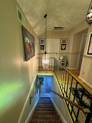 Chandelier - Our customer wanted some more light over her open staircase and knew exactly what chandelier that she wanted hung. While there was no light there previously, we were able to create a new place for her dream chandelier to be hung. She was very pleased with the results. Chandelier - Our customer wanted some more light over her open staircase and knew exactly what chandelier that she wanted hung. While there was no light there previously, we were able to create a new place for her dream chandelier to be hung. She was very pleased with the results.