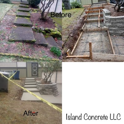 New Driveway and Steps - As you can see, the old steps and driveway were an eyesore, uneven and needed replacing. We came in and added a new driveway and steps and the end results make the house look much better, the steps are safe, sturdy and the driveway is smooth. We also added a retaining wall.