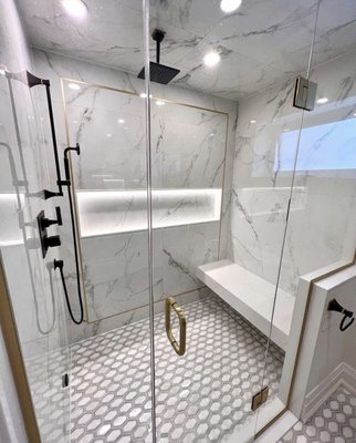 Bathroom Remodel - Full bathroom remodel with curdless shower, shower bench and solid wood vanity. Bathroom Remodel - Full bathroom remodel with curdless shower, shower bench and solid wood vanity.