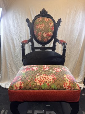 Ornate Carved Accent Chair Reimagined - Commissioned collaboration with a local graffiti artist. Frame refinished in black, seat rebuilt with upgraded foam, and custom designer fabric aligned for symmetry. A one of one statement chair built for structure, comfort, and bold visual impact.
