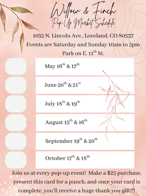 Pop-Up Market Schedule - Pop-Up Market Schedule
Please join us on July 18th and 19th
from 10am to 5pm
at
1032 N. Lincoln Ave.
Loveland, CO 80537 Pop-Up Market Schedule - Pop-Up Market Schedule
Please join us on July 18th and 19th
from 10am to 5pm
at
1032 N. Lincoln Ave.
Loveland, CO 80537