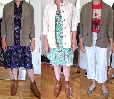 Tricky sizing solutions - Sara is a software engineer in San Francisco- she wanted to look feminine but not out of place in her very male-populated industry. She's also tall and wears a size 12 shoe, so she struggled with finding options that fit and suited her style. After some research, we found multiple stylish shoe options (that weren't sneakers!). We also honed in on an edgy city aesthetic of mixing feminine (like a floral dress) and masculine (booties and BF blazer) to create easy, yet polished outfits!