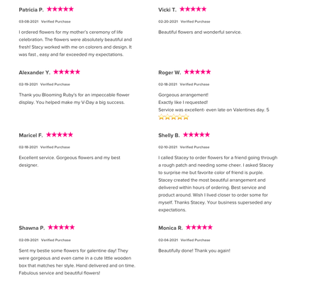 Check out our website reviews! - Check out what our customers are saying on our website about Blooming Ruby's Check out our website reviews! - Check out what our customers are saying on our website about Blooming Ruby's