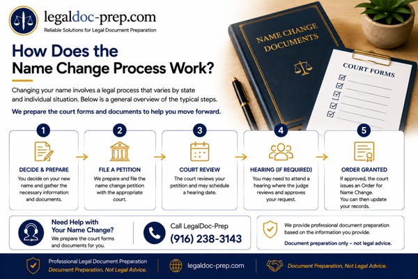 Name Change Document Preparation - LegalDoc-Prep provides professional document preparation services for name change matters. We help prepare and organize the required court forms based on the information provided by the client. Our services are limited to document preparation and do not include legal advice or legal representation. Name Change Document Preparation - LegalDoc-Prep provides professional document preparation services for name change matters. We help prepare and organize the required court forms based on the information provided by the client. Our services are limited to document preparation and do not include legal advice or legal representation.