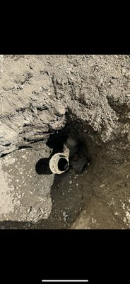Sewer line spot repair - "Replaced a section of 4-inch sewer pipe that was clogged and damaged. Old pipe was dogged out and new PVC pipe installed." Sewer line spot repair - "Replaced a section of 4-inch sewer pipe that was clogged and damaged. Old pipe was dogged out and new PVC pipe installed."