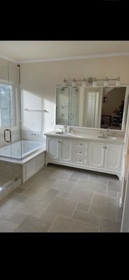 Master bathroom remodel. - This was a full demo. Master shower was redesigned to accommodate new drop in tub and walk-in shower. A beautiful double vanity and quartz countertops were installed to enhance a new bright look. Master bathroom remodel. - This was a full demo. Master shower was redesigned to accommodate new drop in tub and walk-in shower. A beautiful double vanity and quartz countertops were installed to enhance a new bright look.