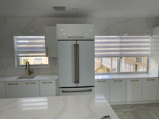 West Palm Beach Shades Project - This project includes light filtering zebra shades in the kitchen and living room, and 1% solar shades in the sun room. West Palm Beach Shades Project - This project includes light filtering zebra shades in the kitchen and living room, and 1% solar shades in the sun room.