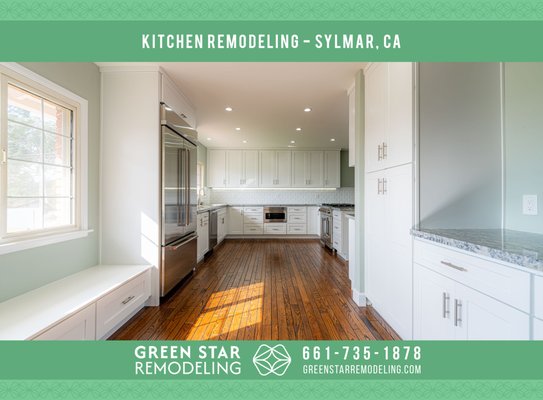 Kitchen Remodeling - Sylmar, CA - Check out this stunning kitchen remodel done in Sylmar, California! Our clients were looking to expand their kitchen space and rework their existed breakfast nook into something useful. The team at Green Star Remodeling were able to take care of that along with replacing some old broken tile floor with wood flooring that was perfectly matched to the existing hardwood floors. Kitchen Remodeling - Sylmar, CA - Check out this stunning kitchen remodel done in Sylmar, California! Our clients were looking to expand their kitchen space and rework their existed breakfast nook into something useful. The team at Green Star Remodeling were able to take care of that along with replacing some old broken tile floor with wood flooring that was perfectly matched to the existing hardwood floors.