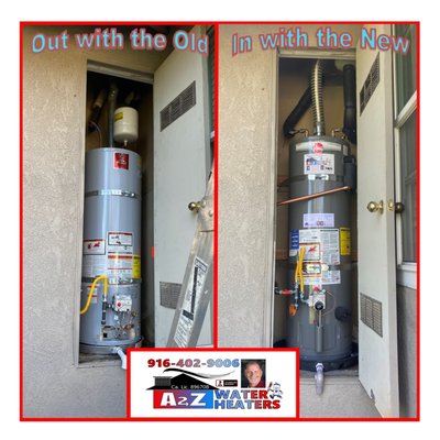 Water Heater Replacement - We removed a 40 gallon natural gas water heater in Rancho Murieta, California.  Water heater installed was a 40 gallon Rheem Classic Professional Series water heater.  While this is a sold as a water heater for single family homes, it is so good, it can be used for light commercial as well.  Only the best for our customers.  High quality water heaters.  High quality parts.  And the highest quality installation.  You won't get a better install from any other plumber.  We guarantee it.