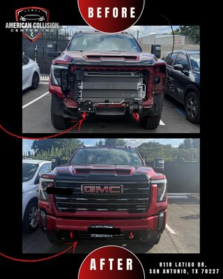 GMC Front-End Collision Repair & Restoration - This GMC came to American Collision Center with significant front-end collision damage. Our team completed a full front-end repair and restoration, including disassembly, structural and body repair, parts replacement, reassembly, and final fit and finish work. The result was a clean, factory-looking restoration that brought the vehicle back to its proper appearance and condition.