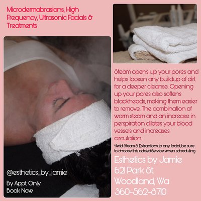 Facials - Microdermabrasions High Frequency & Ultrasonic treatments - Facials can be a great addition to help with your skincare regime. Try out a Microdermabrasion for aging or sun damaged skin, removes the top layer of dead skin, promotes natural collagen growth, gives you a healthy glow and revitalizes your skin!
Add Steam or extractions if you’re having acne problems, can be a great addition to the High Frequency treatment. Facials - Microdermabrasions High Frequency & Ultrasonic treatments - Facials can be a great addition to help with your skincare regime. Try out a Microdermabrasion for aging or sun damaged skin, removes the top layer of dead skin, promotes natural collagen growth, gives you a healthy glow and revitalizes your skin!
Add Steam or extractions if you’re having acne problems, can be a great addition to the High Frequency treatment.