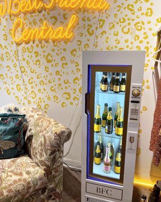 Custom Champagne Fridge - A client wanted to adapt a boring Red Bull fridge into a chic, fabulous Champagne fridge for her shop, so we did! Love this little project.