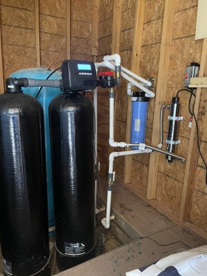 Well system installation - This customer was on a well. We installed twin alternating 64K grain softeners, pre-sediment filter, reverse osmosis and a UV light bacteria filtration system. Well system installation - This customer was on a well. We installed twin alternating 64K grain softeners, pre-sediment filter, reverse osmosis and a UV light bacteria filtration system.