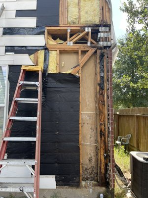 Exterior rot repairs - Corner was seeing a leak in siding and completely rotted corner out from second floor. We repaired structure and replaced siding. Exterior rot repairs - Corner was seeing a leak in siding and completely rotted corner out from second floor. We repaired structure and replaced siding.
