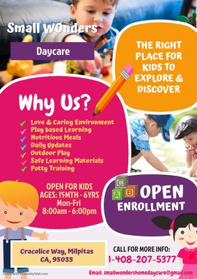 Home daycare - Welcome to Small Wonders Home Daycare! We offer children a supportive and friendly environment that’s just like home. At our home daycare, our goal is to help children learn important social, emotional, and behavioral skills that ensure they reach their developmental milestones. We offer an environment that advances curiosity and inquisitiveness through Developmental Play-based activities.
