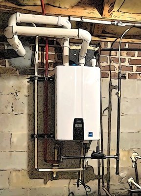 Tankless Water Heater Installation - This tankless water heater was done for a local Greensboro customer. Jobs such as this, that aren't direct replacements do require permitting and can be installed typically in a day with a range of pricing (depending on options) around $4000-$6000. Tankless Water Heater Installation - This tankless water heater was done for a local Greensboro customer. Jobs such as this, that aren't direct replacements do require permitting and can be installed typically in a day with a range of pricing (depending on options) around $4000-$6000.