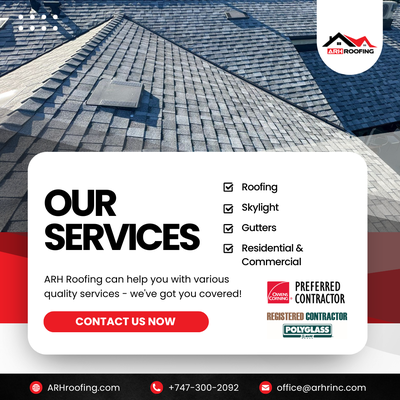 ARH Services - We will take care of roof as if it is our own. - We are fully licensed to perform roofing projects. Our team of experts utilize our core value of communication to connect with our customers to determine what direction they would like to go in. They will help flesh out design ideas, determine if a customer’s ideas can work in the space provided, and provide alternate options if they can’t. We never let anything get in the way of achieving the goals we set.
📞 Call us at 747-300-2092
🌐 Visit us at www.ARHroofing.com
📍 Serving Los Angeles County ARH Services - We will take care of roof as if it is our own. - We are fully licensed to perform roofing projects. Our team of experts utilize our core value of communication to connect with our customers to determine what direction they would like to go in. They will help flesh out design ideas, determine if a customer’s ideas can work in the space provided, and provide alternate options if they can’t. We never let anything get in the way of achieving the goals we set.
📞 Call us at 747-300-2092
🌐 Visit us at www.ARHroofing.com
📍 Serving Los Angeles County