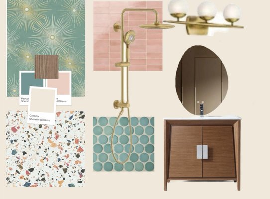 MCM bathroom 2025 - This bathroom leans into a fun mid-century modern vibe with powder pink accent tile and bold sunburst turquoise wallpaper. My clients wanted help specifically with the design concept and fixture shopping, not full project oversight, and that’s exactly how I work. I listen closely to what my clients need and tailor my services to fit their comfort level, personality, and scope. Sometimes that’s full service, sometimes it’s focused design guidance like this. Still waiting to see the final transformation and I already know it’s going to be a good one.