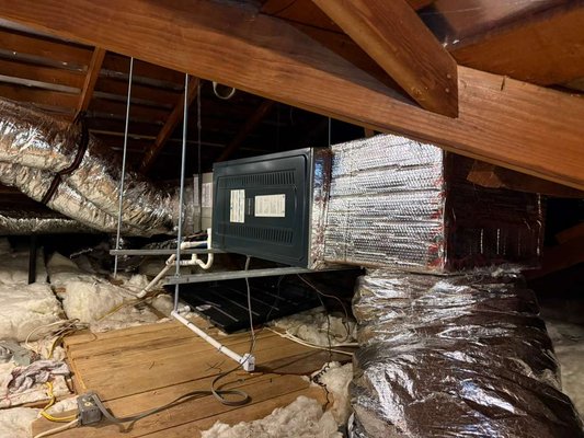 Complete Attic HVAC System Installation with New Ductwork - This project included the installation of a new HVAC system in the attic, along with new insulated ductwork designed to improve airflow, efficiency, and overall home comfort.
Our team carefully installed the air handler, supply and return duct system, condensate drain lines, and all necessary connections while maintaining proper support and accessibility throughout the attic space.
The result is a clean, professional installation built to provide reliable heating and cooling performance for years to come. Complete Attic HVAC System Installation with New Ductwork - This project included the installation of a new HVAC system in the attic, along with new insulated ductwork designed to improve airflow, efficiency, and overall home comfort.
Our team carefully installed the air handler, supply and return duct system, condensate drain lines, and all necessary connections while maintaining proper support and accessibility throughout the attic space.
The result is a clean, professional installation built to provide reliable heating and cooling performance for years to come.