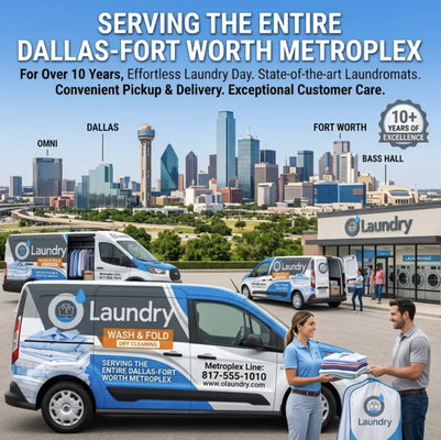 Doorstep Laundry Service Across the DFW Metroplex - Our free laundry pickup and delivery service covers the entire Dallas-Fort Worth metroplex, making laundry day completely effortless. With just a few clicks on our website or mobile app, we'll pick up your dirty laundry, wash, dry, and fold it with care, and deliver it back to your door — fresh and clean.

Whether you're a busy professional in downtown Dallas, a family in Arlington, or a business owner in Fort Worth, our pickup and delivery laundry service saves you time every week. We serve all of Grand Prairie, Mansfield, Irving, Plano, Garland, Mesquite, and beyond — with no delivery fees, ever.
