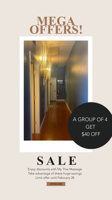 4 for $40 off - Our mission is to help your body heal and give it the relaxation it deserves.
Book us for 4 people and get $40 off. Limit time offer 4 for $40 off - Our mission is to help your body heal and give it the relaxation it deserves.
Book us for 4 people and get $40 off. Limit time offer