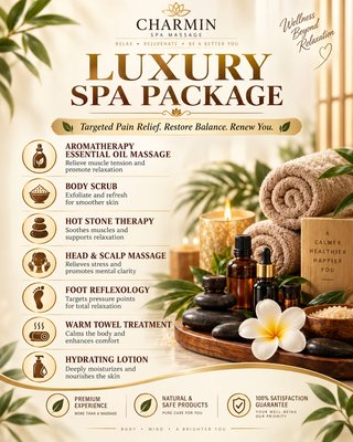 Luxury Spa Package - Our Luxury Spa Package includes aromatherapy essential oil massage, body scrub, hot stone therapy, head and scalp massage, foot reflexology, warm towel treatment, and hydrating lotion. This package is designed to help guests relax, feel refreshed, and enjoy a full-body spa experience in a calm and comfortable setting.