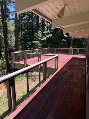 Deck refinishing - Completed a deck repair and refinishing project, including replacing damaged deck boards and thoroughly preparing the existing deck for sanding and staining. We cleaned and prepped the surface to create a smooth, even finish and help the new stain adhere properly.
The deck was then sanded and stained with a new color selected for the property. The owner was very happy with the finished look and especially liked how the stain color came out, giving the deck a refreshed and updated appearance. Deck refinishing - Completed a deck repair and refinishing project, including replacing damaged deck boards and thoroughly preparing the existing deck for sanding and staining. We cleaned and prepped the surface to create a smooth, even finish and help the new stain adhere properly.
The deck was then sanded and stained with a new color selected for the property. The owner was very happy with the finished look and especially liked how the stain color came out, giving the deck a refreshed and updated appearance.