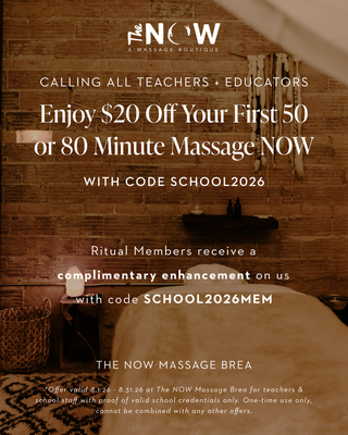 Teachers + Educators - Calling all Teachers + Educators
Enjoy $20 off your first 50 or 80 minute massage with code SCHOOL2026, or Ritual Members receive a complimentary enhancement with code SCHOOL2026MEM.
Use code through 8.31.26. Teachers + Educators - Calling all Teachers + Educators
Enjoy $20 off your first 50 or 80 minute massage with code SCHOOL2026, or Ritual Members receive a complimentary enhancement with code SCHOOL2026MEM.
Use code through 8.31.26.