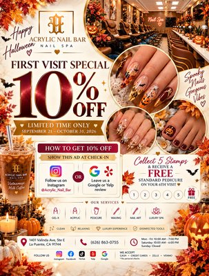 FIRST TIME VISIT SPECIAL - Enjoy 10% OFF your first visit at Acrylic Nail Bar.
We specialize in acrylic nails, Gel-X, custom designs, and relaxing spa pedicures in a clean and luxury environment.
📍 Acrylic Nail Bar – La Puente, CA
📞 626-863-0755
🚶♀️ Walk-ins welcome | Appointments recommended
🕘 Mon–Fri: 10AM–7PM
🕘 Sat: 10AM–6PM
🚫 Sunday: Closed
💳 Zelle • Venmo • Apple Pay • Credit/Debit (No fee)
Limited time only. FIRST TIME VISIT SPECIAL - Enjoy 10% OFF your first visit at Acrylic Nail Bar.
We specialize in acrylic nails, Gel-X, custom designs, and relaxing spa pedicures in a clean and luxury environment.
📍 Acrylic Nail Bar – La Puente, CA
📞 626-863-0755
🚶♀️ Walk-ins welcome | Appointments recommended
🕘 Mon–Fri: 10AM–7PM
🕘 Sat: 10AM–6PM
🚫 Sunday: Closed
💳 Zelle • Venmo • Apple Pay • Credit/Debit (No fee)
Limited time only.