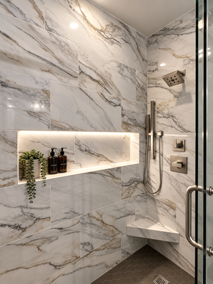 Custom Walk-In Shower Remodel | Surprise, AZ - This Surprise, Arizona bathroom remodel transformed an enclosed tub and shower into a custom walk-in shower. We removed the dividing wall and tub to open the space, then added floor-to-ceiling tile, frameless glass, an illuminated niche, built-in bench and modern fixtures. The result is a brighter, more open and functional bathroom with a completely new look. Custom Walk-In Shower Remodel | Surprise, AZ - This Surprise, Arizona bathroom remodel transformed an enclosed tub and shower into a custom walk-in shower. We removed the dividing wall and tub to open the space, then added floor-to-ceiling tile, frameless glass, an illuminated niche, built-in bench and modern fixtures. The result is a brighter, more open and functional bathroom with a completely new look.