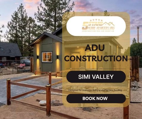 Detached ADU Construction in Simi Valley - This detached ADU project in Simi Valley showcases a complete living space by 5 Stars Home Remodeling, with an open living area, a full kitchen, a bathroom and dedicated laundry storage.
The kitchen features natural wood cabinets, a tile backsplash and stainless steel appliances. Wood-look flooring and recessed lighting connect the interior, while the bathroom pairs blue shower tile with a wood vanity and matte black fixtures. A stacked washer and dryer make efficient use of the laundry closet.
Outside, green siding, a covered entrance and a separate access path give this accessory dwelling unit its own welcoming identity. A practical backyard home designed for comfortable, independent living. Detached ADU Construction in Simi Valley - This detached ADU project in Simi Valley showcases a complete living space by 5 Stars Home Remodeling, with an open living area, a full kitchen, a bathroom and dedicated laundry storage.
The kitchen features natural wood cabinets, a tile backsplash and stainless steel appliances. Wood-look flooring and recessed lighting connect the interior, while the bathroom pairs blue shower tile with a wood vanity and matte black fixtures. A stacked washer and dryer make efficient use of the laundry closet.
Outside, green siding, a covered entrance and a separate access path give this accessory dwelling unit its own welcoming identity. A practical backyard home designed for comfortable, independent living.