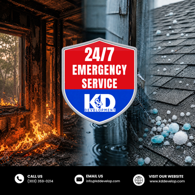 🚨 24/7 Emergency Restoration Services 🚨 - When disaster strikes, every minute matters. At K&D Development, our team is available 24 hours a day, 7 days a week to respond quickly and help protect your home or business from further damage.

We specialize in fire restoration, water damage restoration, and weather-related storm repairs, including hail and wind damage. From emergency mitigation and damage assessment to complete reconstruction and restoration, we guide you through every step of the process with experienced crews and trusted service.

Whether you're dealing with a burst pipe, flooding, fire damage, or severe Colorado weather, K&D Development is ready to respond fast, restore your property, and help you get back to normal with confidence.