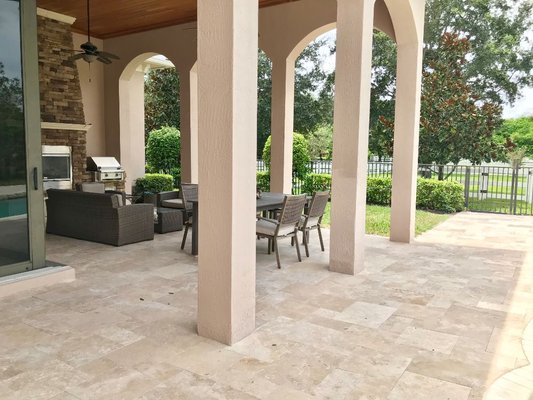 Travertine Ivory French Pattern Pool Deck - This pool deck used to be brick pavers, and we completely remodeled using travertine which took approx 5 days to complete.