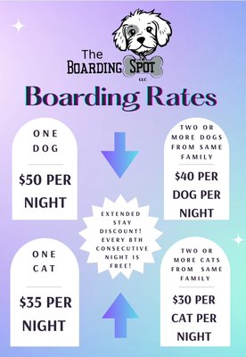 Boarding Rates and Hours - The Boarding Spot is a small scale boarding facility operated out of our own home. Whether your pets are coming for one night or an extended stay, we promise they will receive the best care possible. The owner was a veterinarian technician for many years, so she can even administer all sorts of medications including injectable medications. 

While your pups are here they will enjoy free roam of the place and get to romp around with other dogs staying here. 

Call Us or Visit our Website for Information...