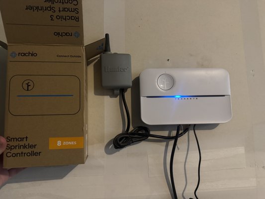 Rachio 3 Smart Controller Install — Erie Front Yard Sprinkler Upgrade - Replaced an aging timer-based controller with a Rachio 3 8-zone smart controller for an Erie homeowner who was tired of guessing when to water and seeing high summer water bills. Installed the controller, wired it to the existing valves, set up the homeowner's Wi-Fi and Rachio app, and dialed in zone-by-zone schedules based on lawn type and sun exposure. The system now adjusts watering automatically for local weather — skipping cycles before rain or freeze. Total install time: about 75 minutes.