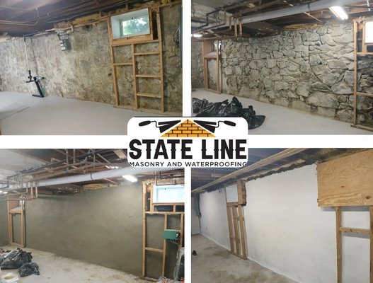 BASEMENT WATERPROOFING - THIS CLIENT WAS AMAZED AT THEIR RESULT'S !!
FIRST STEP WAS OUR TEAM GRINDING AWAY ALL THAT OLD MORTAR AND CLEAING DOWN ALL JOINT'S + FIELDSTONE FACE ,
2ND STEP WE HAD TO INJECT SEALANT INTO EXPOSED JOINT'S THAT WAS ALLOWING WATER + DAMP TO ACCESS THE BASEMENT ,
3RD STEP ,WE HAD TO START SLOWLY TUCKPOINTING ALL EXPOSED JOINT'S WITH  HYDRAULIC CEMENT [ HYDRAULIC CEMENT IS WATER RESISTANT ] ,
4TH STEP WHEN ALL JOINT'S WAS DRY WE HAD TO APPLY 2 X LAYER'S OF STUCCO TO SEAL BOTH JOINT'S & FIELDSTONE FACE ,
WHEN ALL STUCCO WAS SET WE STARTED THE 5TH STEP - WE APPLY 2 X LAYER'S OF WATERPROOFING DRYLOK SEALER TO THE ENTIRE BASEMENT WALL .

WE REMOVE ALL DEBRIS AND TRASH , LEAVING AN AMAZING WATERPROOFED BASEMENT WALL AS THE ONLY EVIDENCE WE WERE EVER THERE !!!
FOR YOUR FREE QUOTE CONTACT US AT - 
EMAIL US AT - STATELINEMASONRY@GMAIL.COM
CALL US AT - 617-961-9528
OR CHECK OUT OUR WEBSITE AT 
STATELINEMASONRY.COM