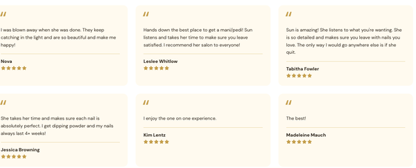 Checkout the Reviews from my Clients - Welcome! I’m Sun, a passionate and licensed nail technician dedicated to providing every client with personalized, five-star service. My goal is to offer a relaxing, clean, and creative environment where you can leave feeling pampered and confident in your nails. Checkout the Reviews from my Clients - Welcome! I’m Sun, a passionate and licensed nail technician dedicated to providing every client with personalized, five-star service. My goal is to offer a relaxing, clean, and creative environment where you can leave feeling pampered and confident in your nails.