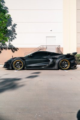 2022 Chevrolet Corvette "Carbon Fiber" - This customer brought their full custom, carbon fiber, supercharged Corvette in for Full Body Paint Protection Film. With custom body panels like this require a customer install. This was no small task but we were able to make it happen and still provide an amazing quality product even without computer cut kits! Our installers can wrap any car in this clear film!