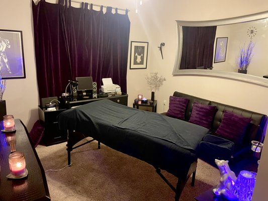 The setting for your relaxing massage to help you escape the stress of daily life... - This is my massage studio...the perfect escape from the stress of daily life! Soft music, candlelight, soft purple lighting, lavender oil diffusion and incense all combine to help you relax and forget the outside world for roughly 90 minutes of YOU time!! I combine stretching, deep tissue work and nice, long, flowing massage strokes to break down the knots & stress that are bothering you and have you leave feeling all loosey goosey and refreshed...ready to tackle another day out there in the world! The setting for your relaxing massage to help you escape the stress of daily life... - This is my massage studio...the perfect escape from the stress of daily life! Soft music, candlelight, soft purple lighting, lavender oil diffusion and incense all combine to help you relax and forget the outside world for roughly 90 minutes of YOU time!! I combine stretching, deep tissue work and nice, long, flowing massage strokes to break down the knots & stress that are bothering you and have you leave feeling all loosey goosey and refreshed...ready to tackle another day out there in the world!