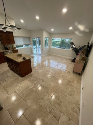 Travertine Floor , high gloss finish - We clean , sealed & polished this beautiful travertine floor to bring it back to life. Travertine Floor , high gloss finish - We clean , sealed & polished this beautiful travertine floor to bring it back to life.